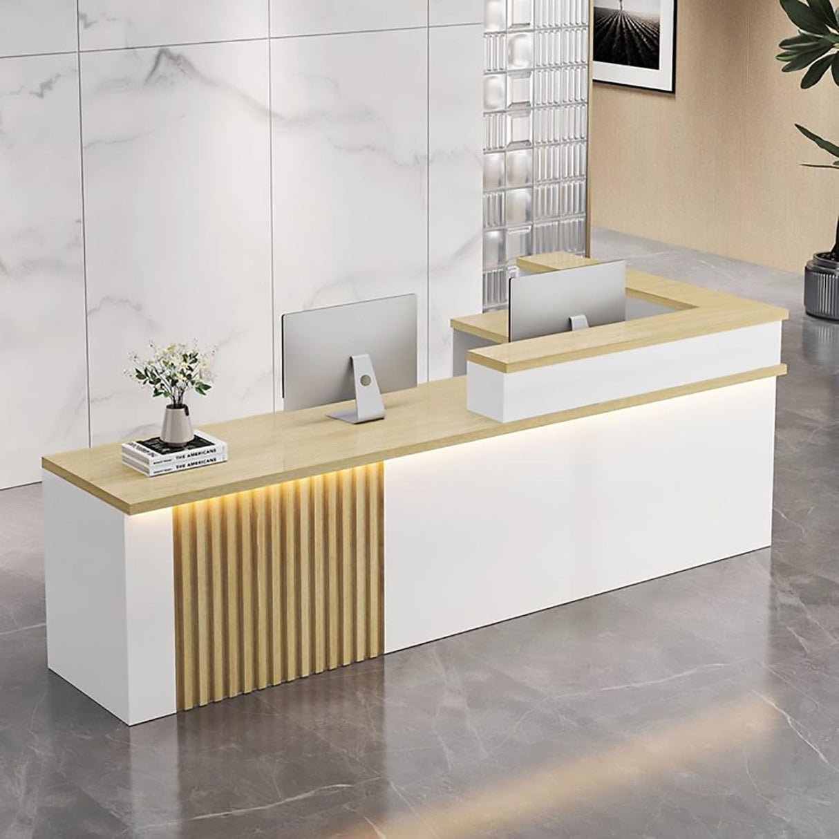 L-Shaped Reception Desk,Modern Reception Counter Retail Checkout Counter with LED Lighting & Lockable Drawers Door Cabinet for Lobby Salon Shop(White+Wood-Left, 63inch/160cm) Generic