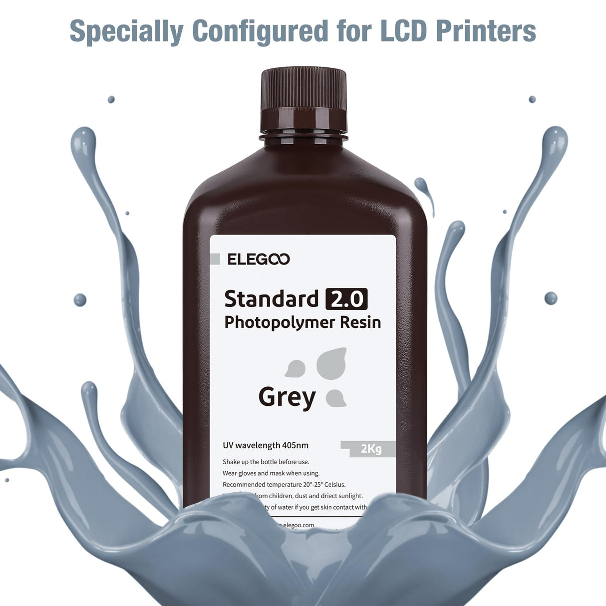 ELEGOO Upgraded Standard 3D Printer Resin, Photopolymer 405nm UV Curing Resin 2.0 for LCD/DLP 3D Printing Grey 2KG ELEGOO