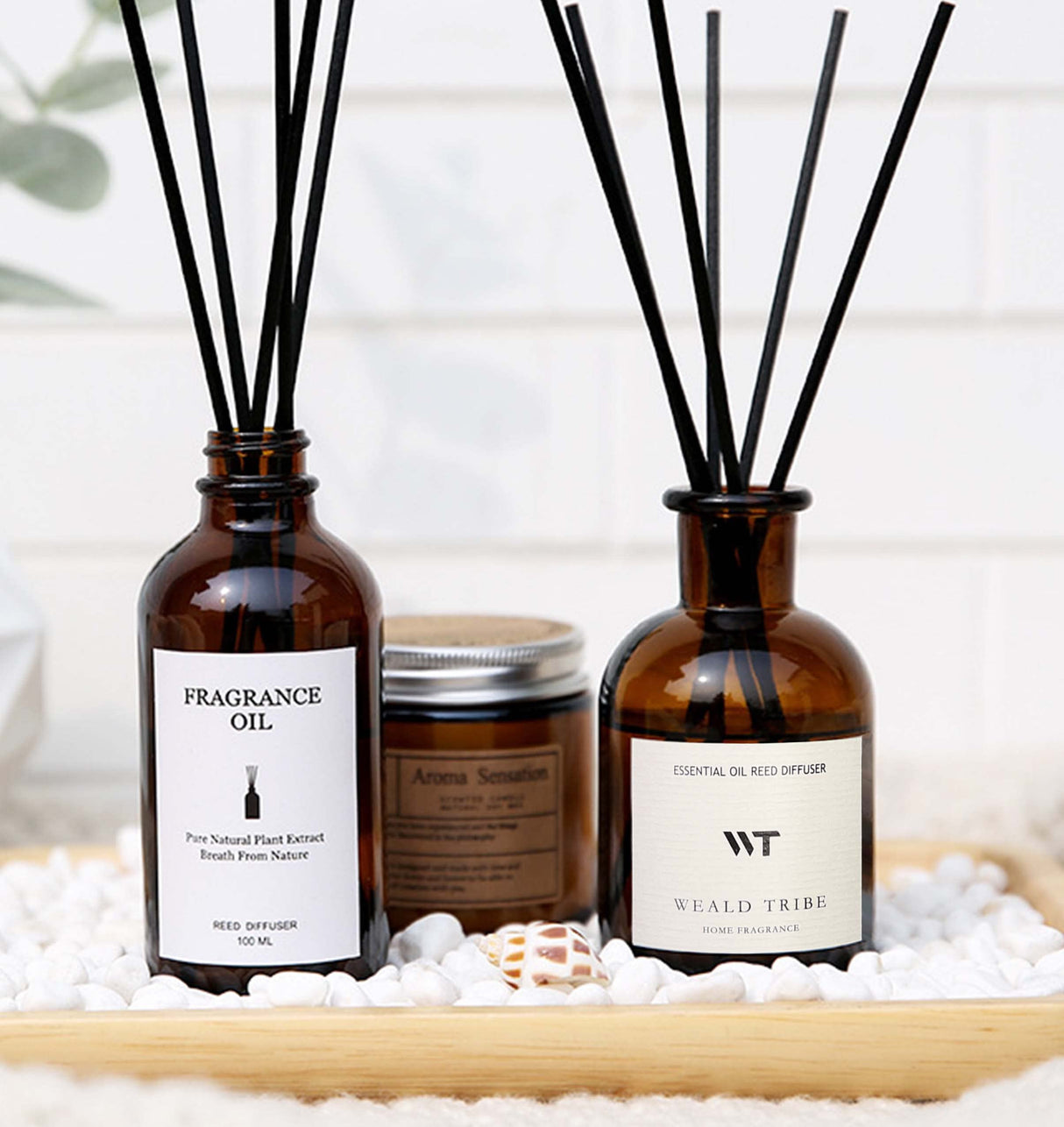 WEALD TRIBE Flower Reed Diffuser Set Eucalyptus & Lavender Scent For Bathroom Accessories Shelf Decor & Air Fresheners, Sticks Defusers With 4.0 fl oz Essential Oils, House Bedroom Office Decor & Gift WEALD TRIBE