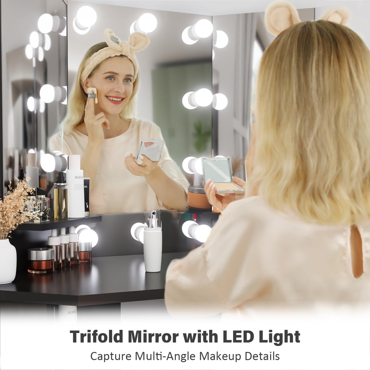 Corner Makeup Vanity Desk with Lighted Mirror - Bedroom Vanity Table Mirror with 5 Drawer and Storage Shelf, 3 Lighting Modes Adjustable, Makeup Table for Women Girls Black 44" Soldow