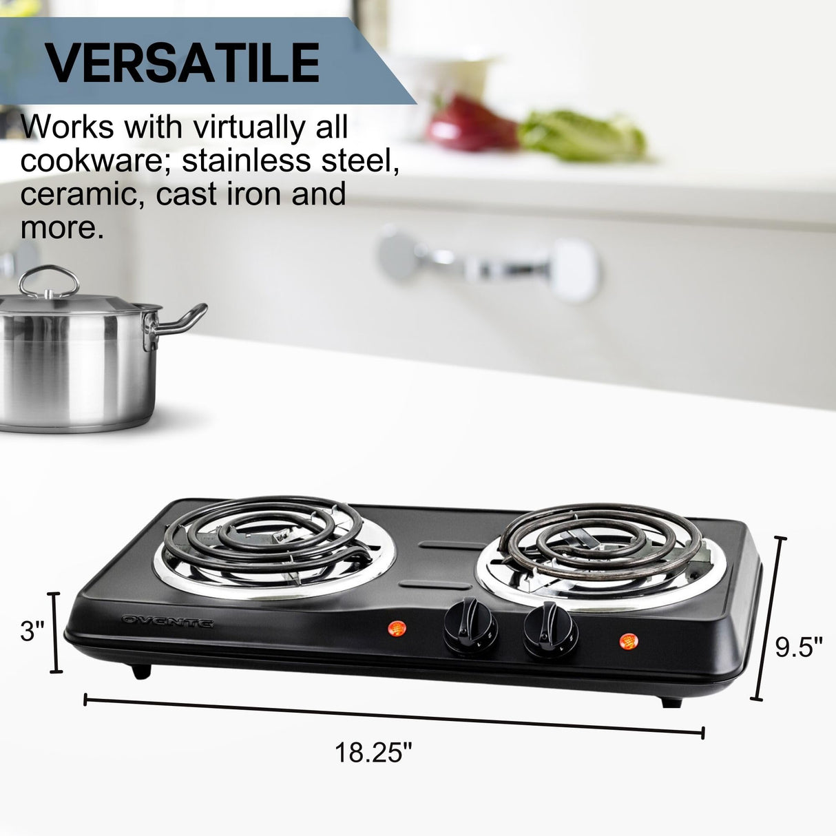 OVENTE Electric Countertop Double Burner, 1700W Cooktop with 6" and 5.75" Stainless Steel Coil Hot Plates, 5 Level Temperature Control, Indicator Lights and Easy to Clean Cooking Stove, Black BGC102B OVENTE