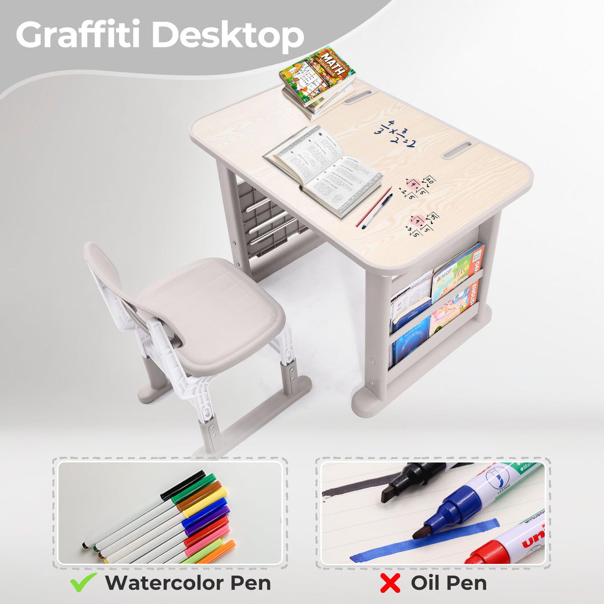 DOREROOM Kids Desk and Chair Set, Multi-Activity Children Study Table and Chair Set with Bookshelf for Home/Classrom, Height Adjustable, Graffiti Desktop, Removable Storage Rack for Toddler Ages 3-12 DOREROOM