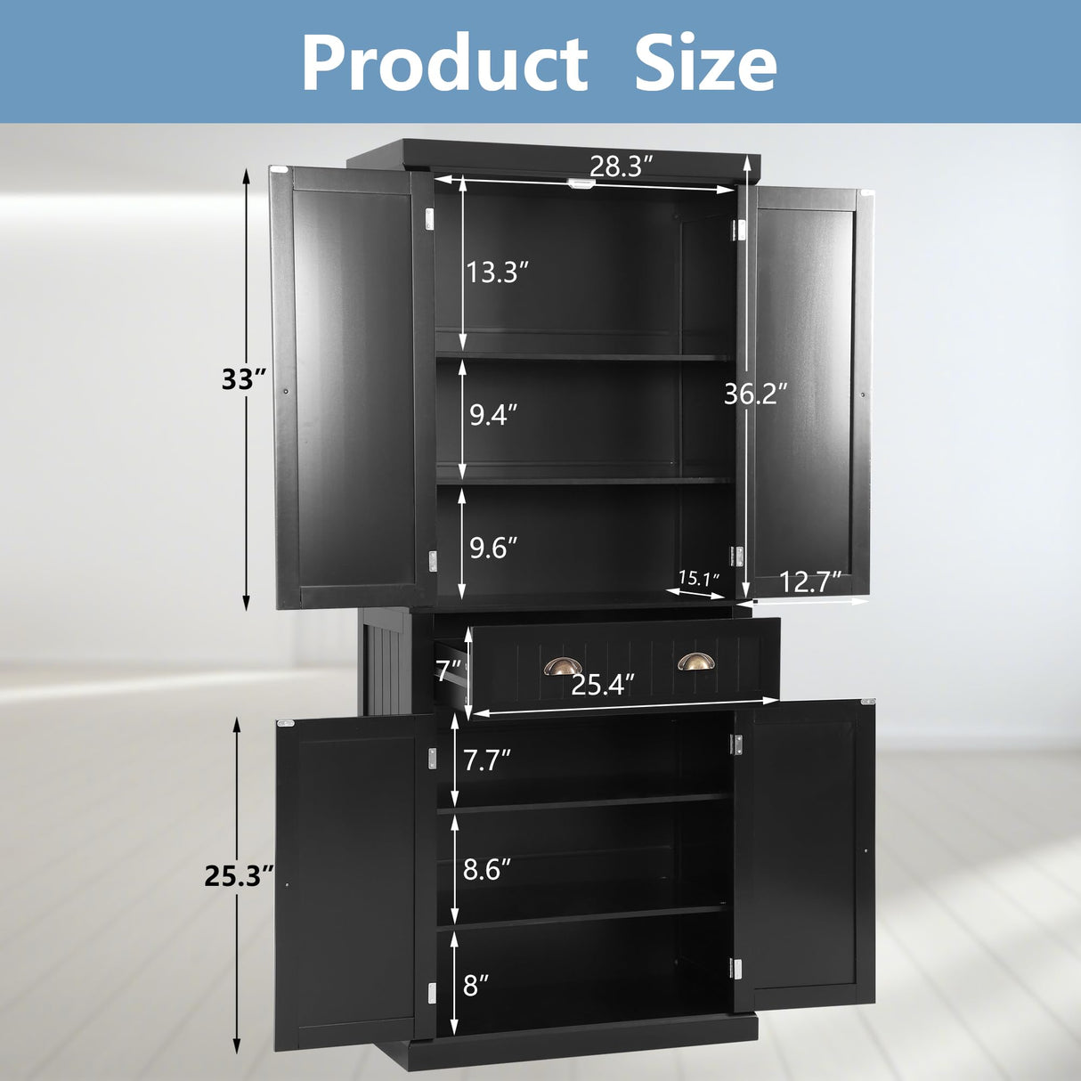 YOCONYO 72" Kitchen Pantry Cabinet, Freestanding Storage Cabinet with 4 Doors, Adjustable Shelves for Kitchen, Living Room and Dinning Room,Black YOCONYO