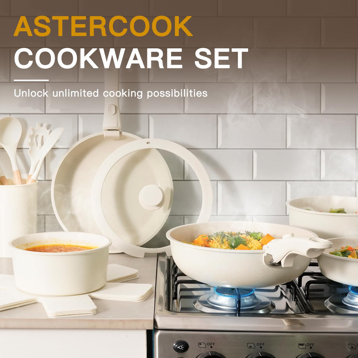 Astercook 21 Pcs Pots and Pans Set Non Stick, Ceramic Cookware Set Detachable Handle, RV Kitchen Cooking Set Removable Handles, Oven Safe, Induction Ready, Stackable Non-stick Set, Cream White Astercook