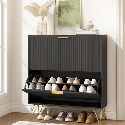 NOVAMAISON Shoe Cabinet with 2 Flip Drawers, Fluted Black Shoe Storage Cabinets, Hidden Shoe Cabinet Storage for Entryway Slim, Modern Freestanding Shoe Rack Organizer, Black