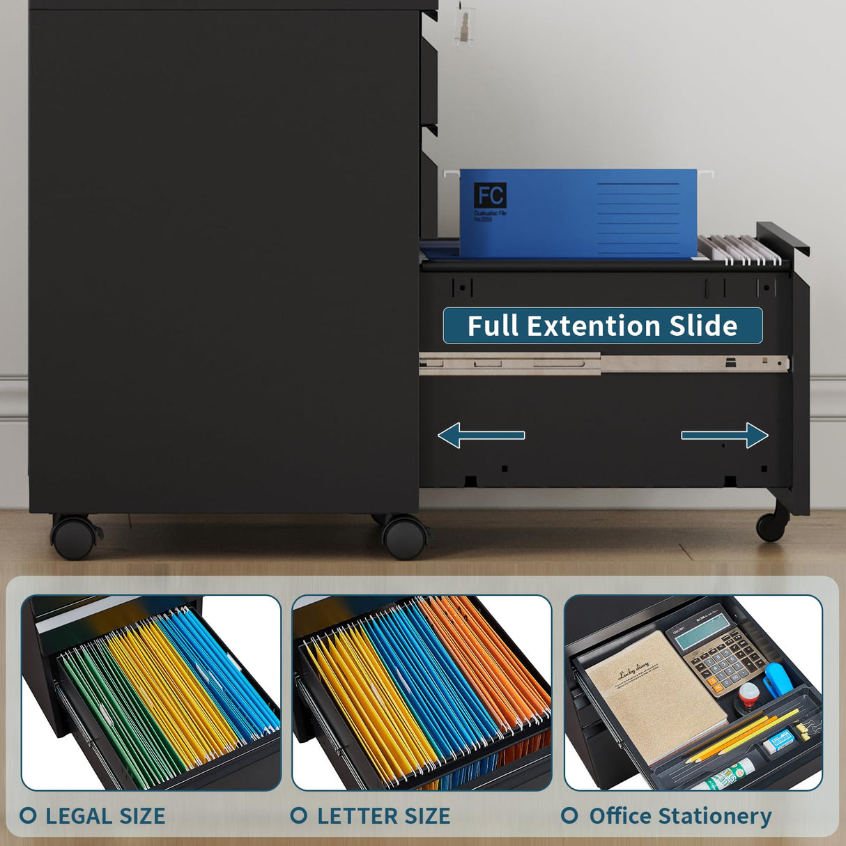 MIIIKO 3 Drawer File Cabinet, Metal Filing Cabinet with Lock Rolling Wheels, Office Storage Cabinet Under Desk,Deep Drawers for Hanging Legal Letter Fill, Full Assembled Except Casters MIIIKO