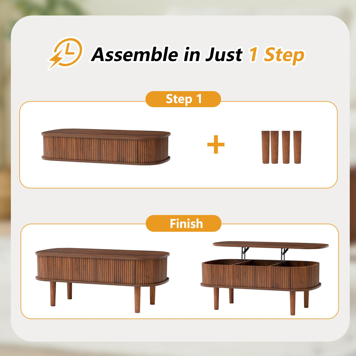 Fluted Lift Top Coffee Table with Hidden Compartment, Fully Assembled Wooden Center Table, Modern Oval Lift Tabletop for Home Living Room Office, Walnut ORRD