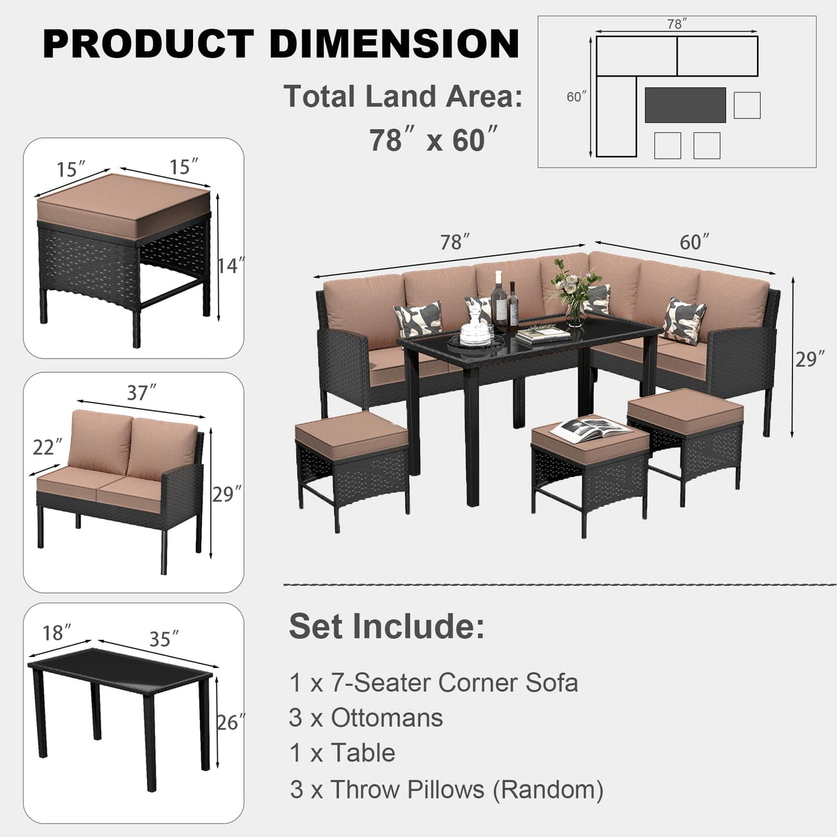 HLNPTN 7 Pieces Patio Conversation Set, Outdoor Furniture Sectional with Throw Pillows and Anti-Slip Cushions, PE Rattan Sofa Set with Dining Table & Ottomans, Khaki HLNPTN