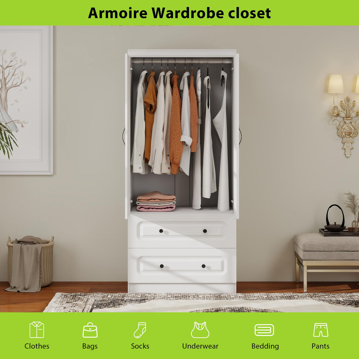 Keloyid Armoire Wardrobe Closet: Wood White Bedroom Armoire Storage Cabinet for Large Capacity with 2 Doors, Tall Armoire and Wardrobe Closet with 2 Drawers & Hanging Rail Keloyid