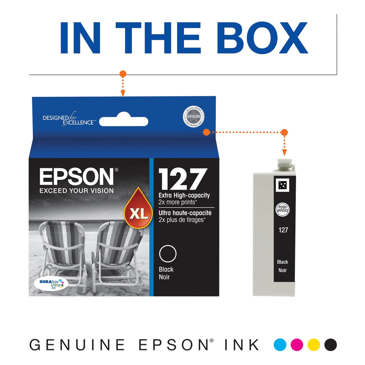 EPSON 127 DURABrite Ultra Ink Black Cartridge For NX-530, NX-625, WF-3520, WF-3530, WF-3540, WF-545, WF-60, WF-630, WF-633, WF-635, WF-645, WF-7010, WF-7510, WF-7520, WF-840, WF-845,Water Resistant Epson