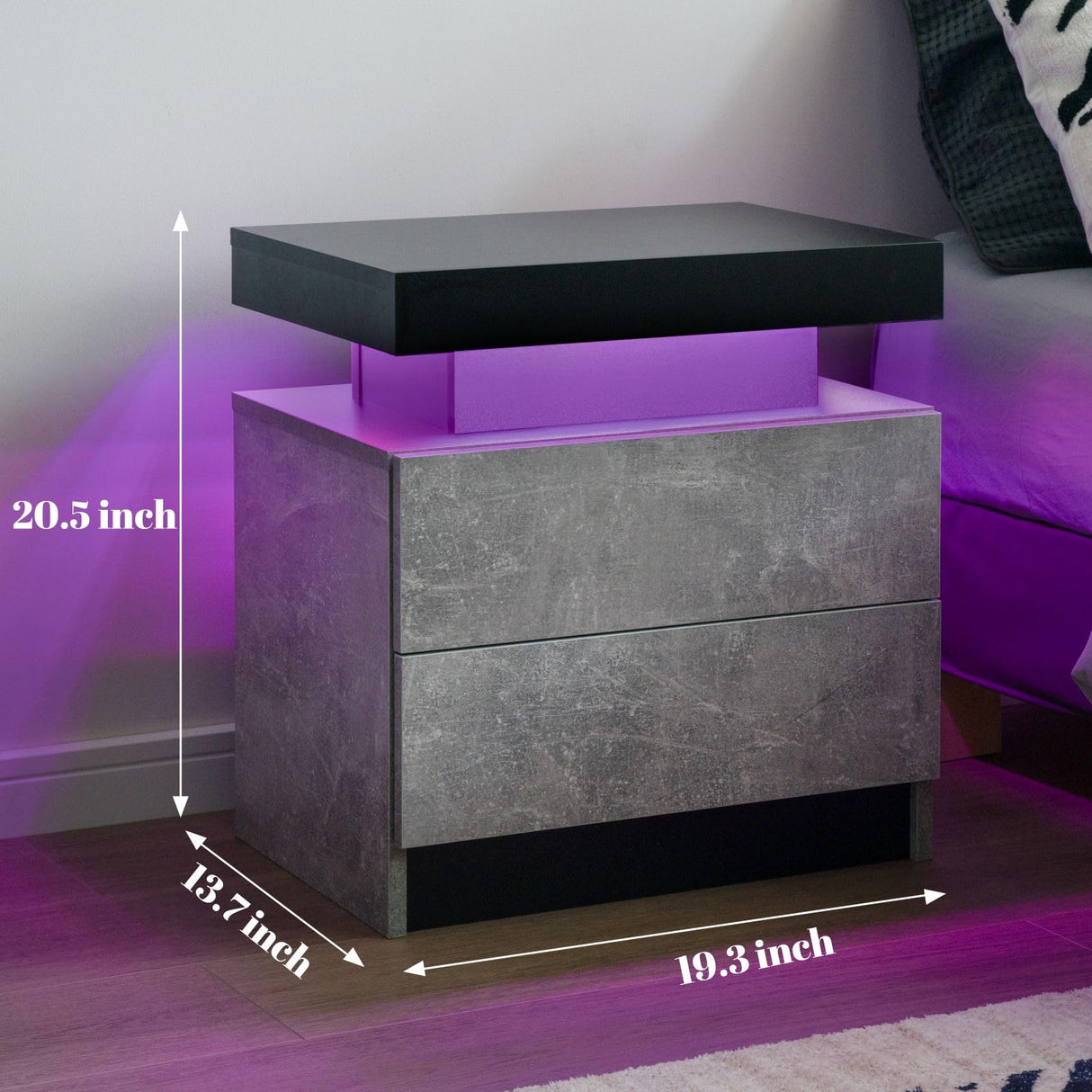 LED Nightstand Bedside Drawer Led Cabinet LED Lights Modern End Side Table with 2 Drawers for Bedroom Grey Generic