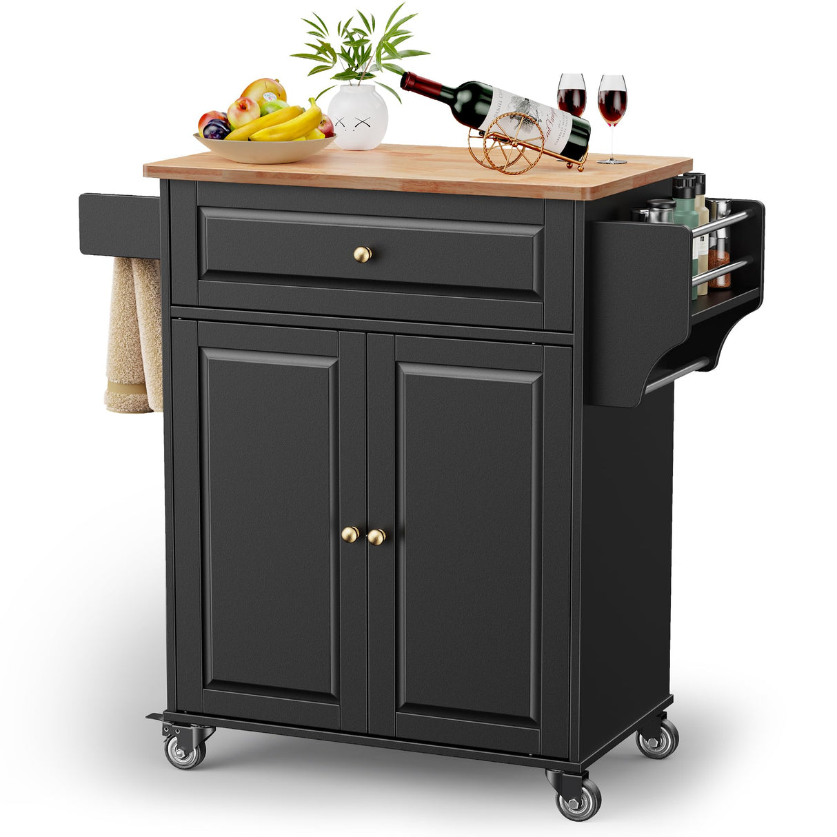Gizoon Black Kitchen Island Cart with Rubberwood Top & Multi-Storage for Home and Dining Gizoon