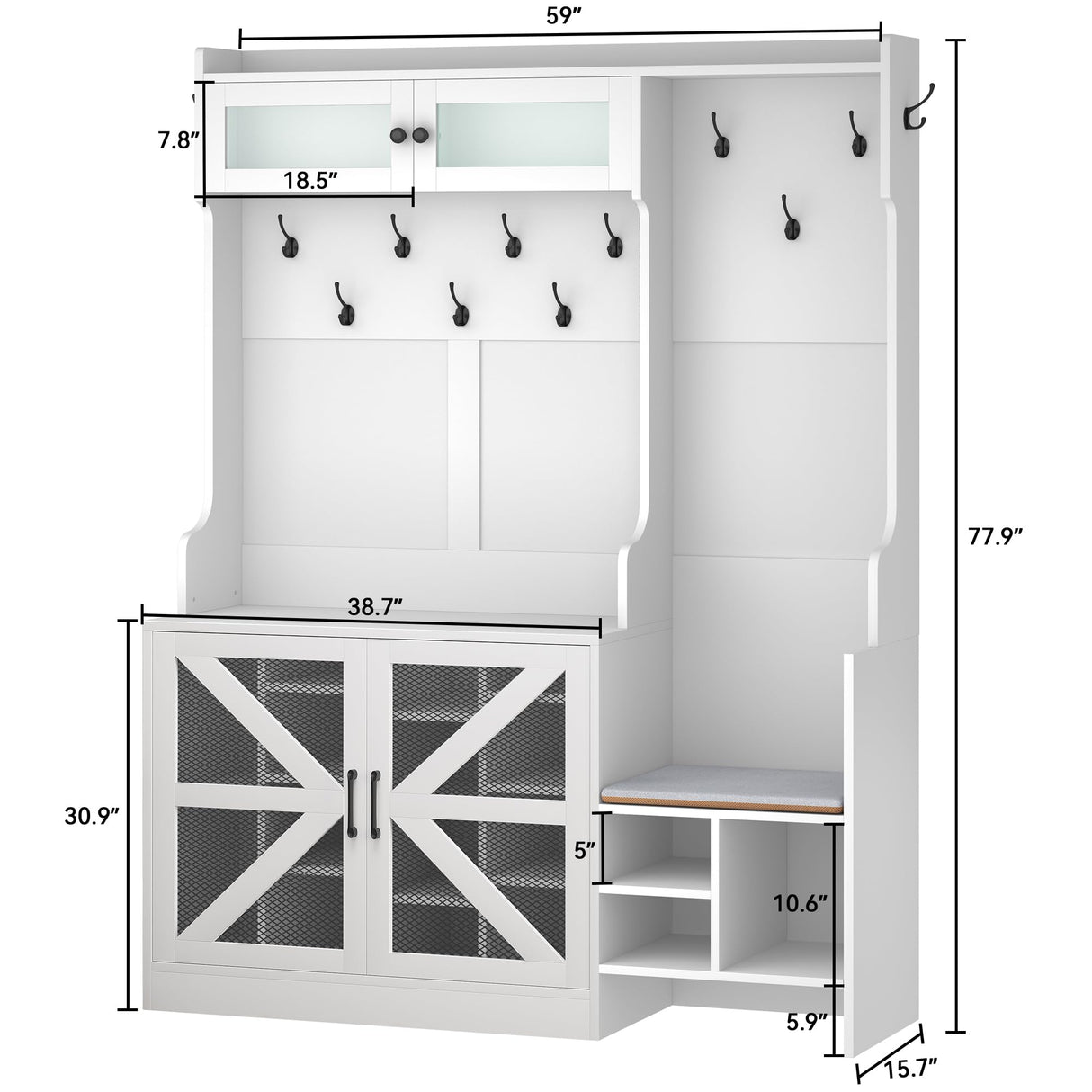 DWVO Farmhouse Hall Tree with Shoe Storage & Coat Rack Entryway Organizer with 18 Adjustable Shoe Cubbies 12 Hooks White Shoe Cabinet for Hallway DWVO