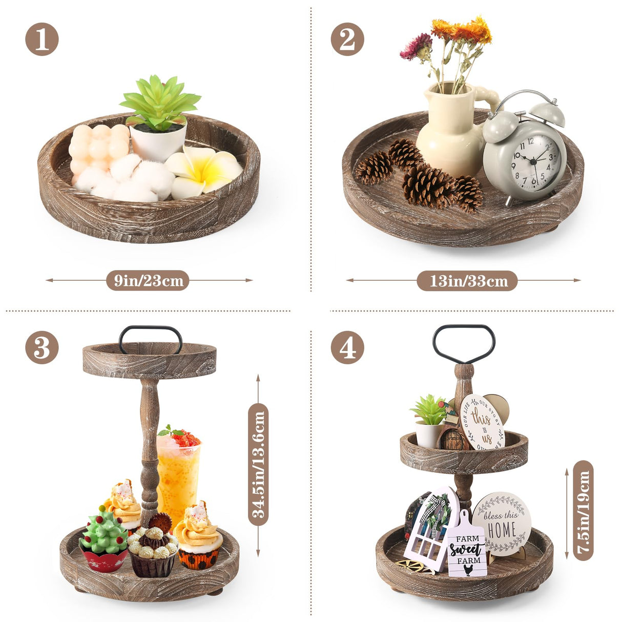 ASMPCUE 2 Tiered Tray Stand, Farmhouse Tiered Tray Stand with Metal Handle for Home Kitchen Decor, Wooden Rustic Two Tiered Serving Tray Coffee Table Tray for Holiday Decor, Tray ONLY(Rustic Wood) ASMPCUE