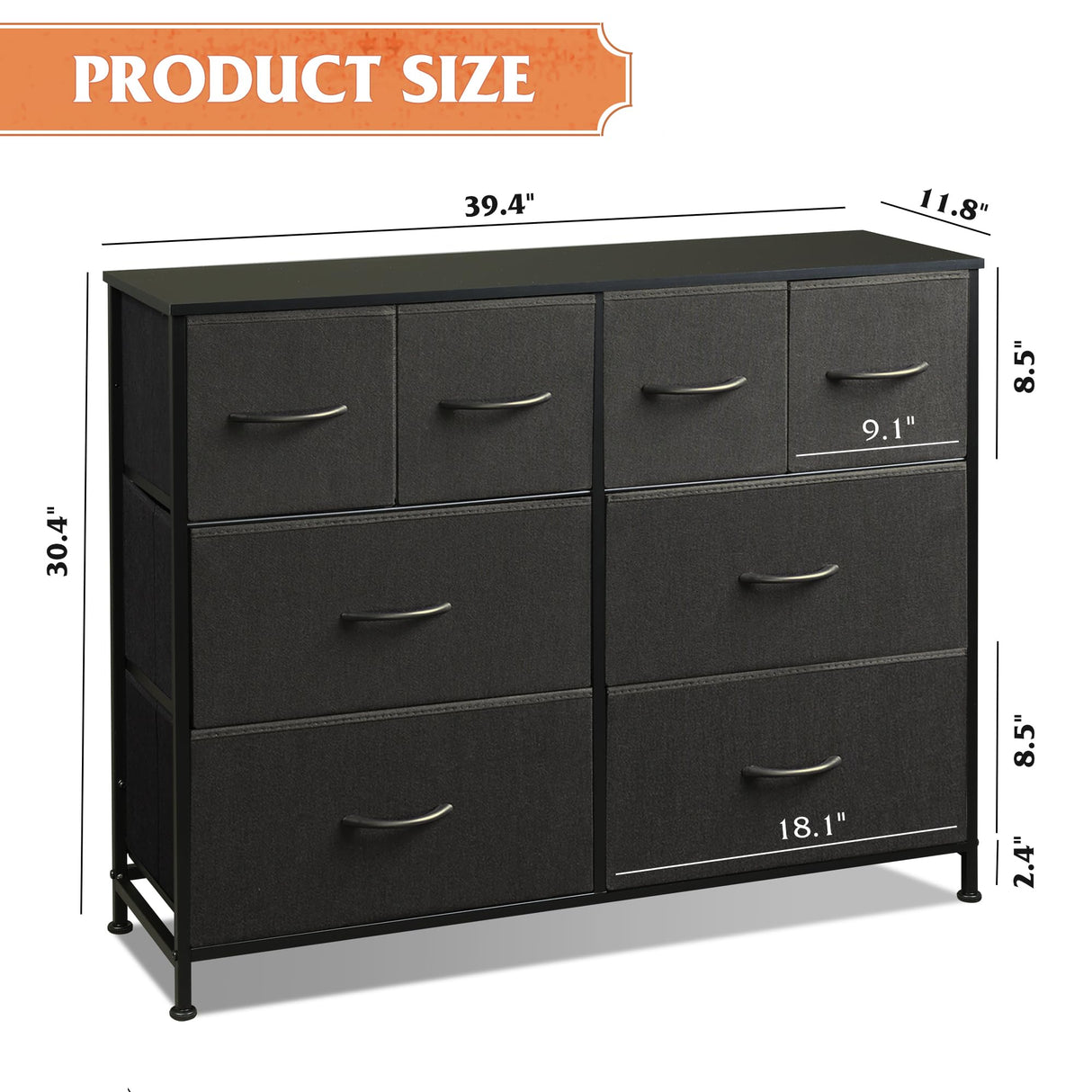 WLIVE Dresser for Bedroom with 8 Drawers, Wide Fabric Dresser for Storage and Organization, Bedroom Dresser, Chest of Drawers for Living Room, Closet, Hallway, Black WLIVE