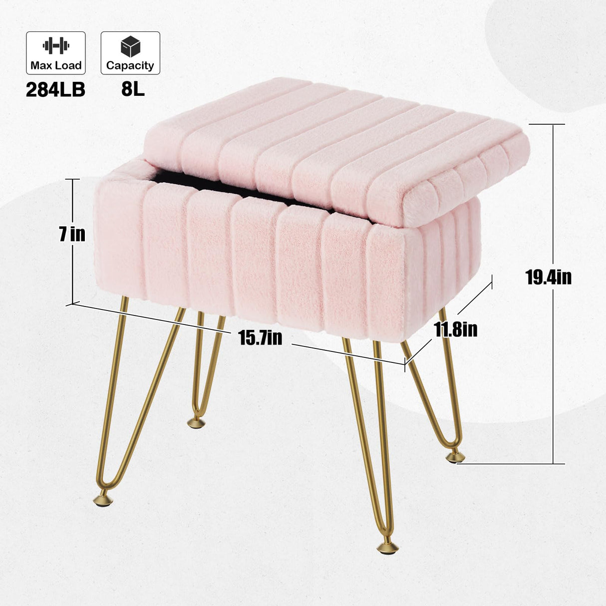 Greenstell Vanity Stool Chair Faux Fur with Storage, 15.7"L x 11.8"W x 19.4"H Soft Ottoman 4 Metal Legs with Anti-Slip Feet, Furry Padded Seat, Modern Multifunctional Chairs for Makeup, Bedroom Pink GREENSTELL