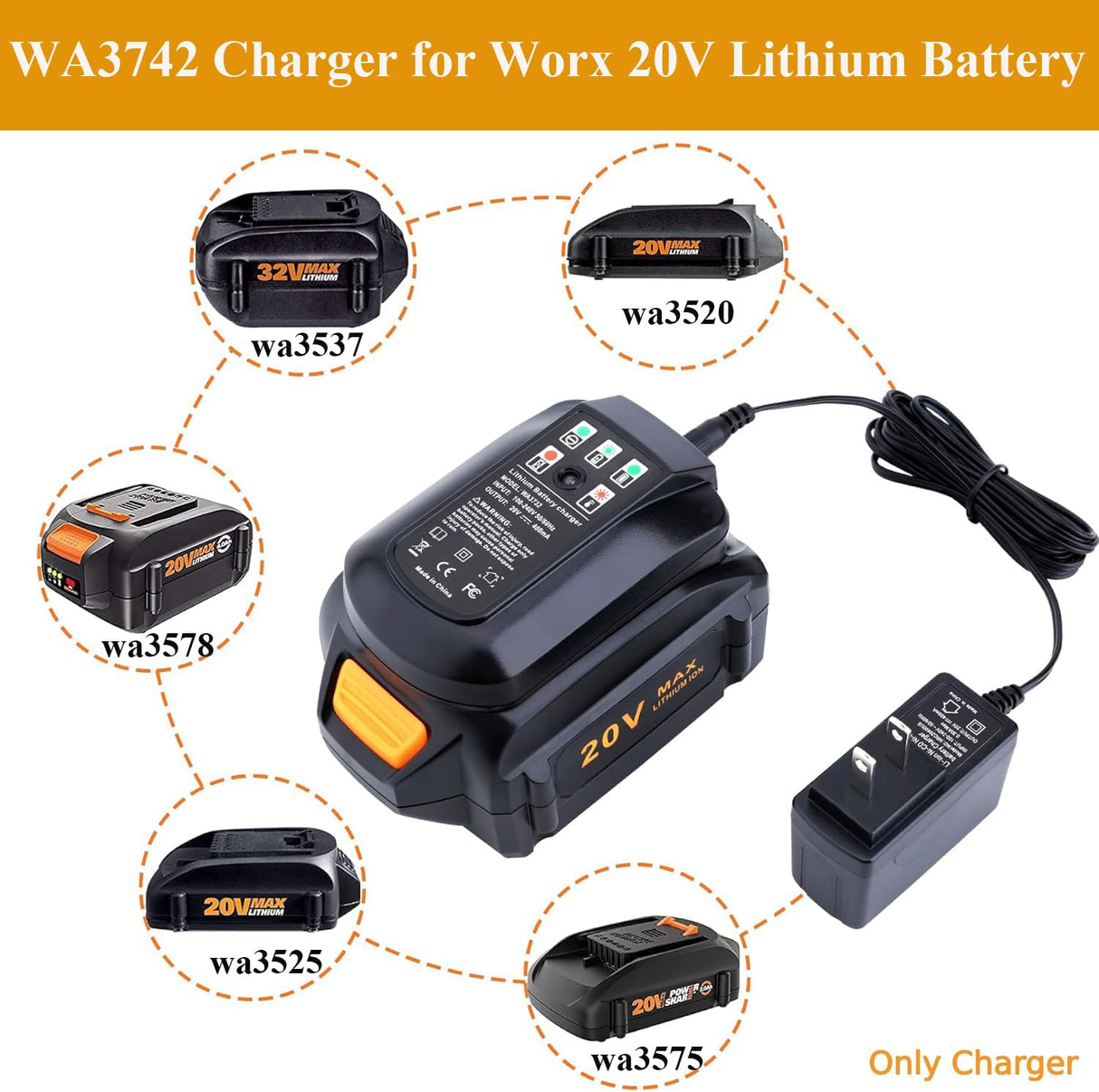 WA3742 Charger for Worx 20V Lithium Battery WA3520 WA3525 WA3578, Replacement for Worx Battery Charger 20V WA3732 WA3875 WA3881 zyystarttogo