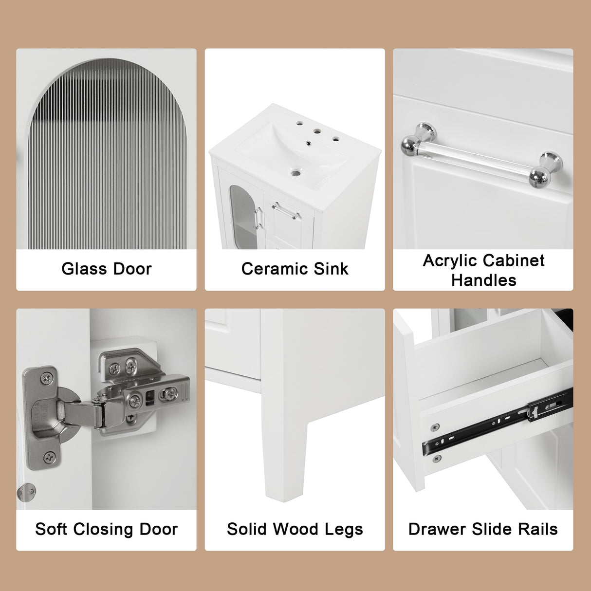 Harper & Bright Designs 24" Bathroom Vanity with Sink, Free Standing Single Basin Vanity Set with Two Drawers and Glass Door, Modern Wooden Bathroom Cabinet with Ceramic Basin for Bathroom, White Harper & Bright Designs