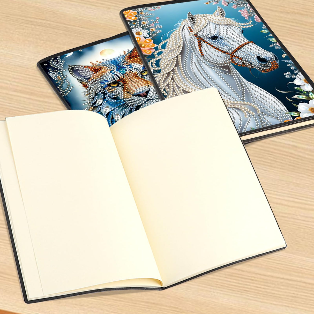 DCIDBEI 2 Pack DIY Diamond Painting Notebook Tiger Horse A5 Blank Diamond Painting Diary Sketchbook Book Rhinestone Craft Diamond Art Notebook Students 50 Sheets Diamond Journal Kits DCIDBEI
