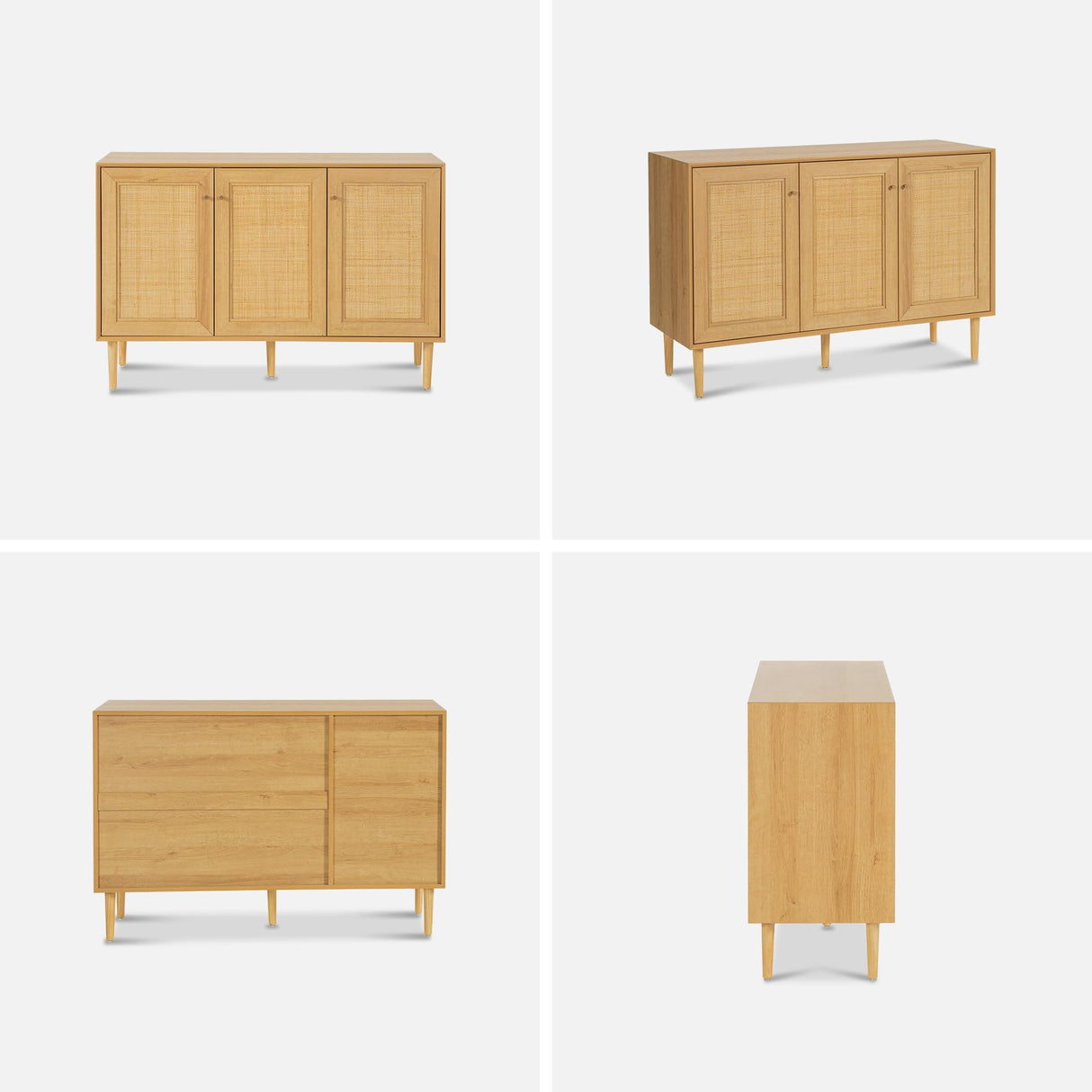 EYYTHUNG Rattan Storage Cabinet with 3 Doors, Boho Sideboard Buffet Cabinet Solid Wood Farmhouse Credenza Cabinet with Adjustable Shelves for Living Room Kitchen Entryway Hallway, Natural Oak EYYTHUNG