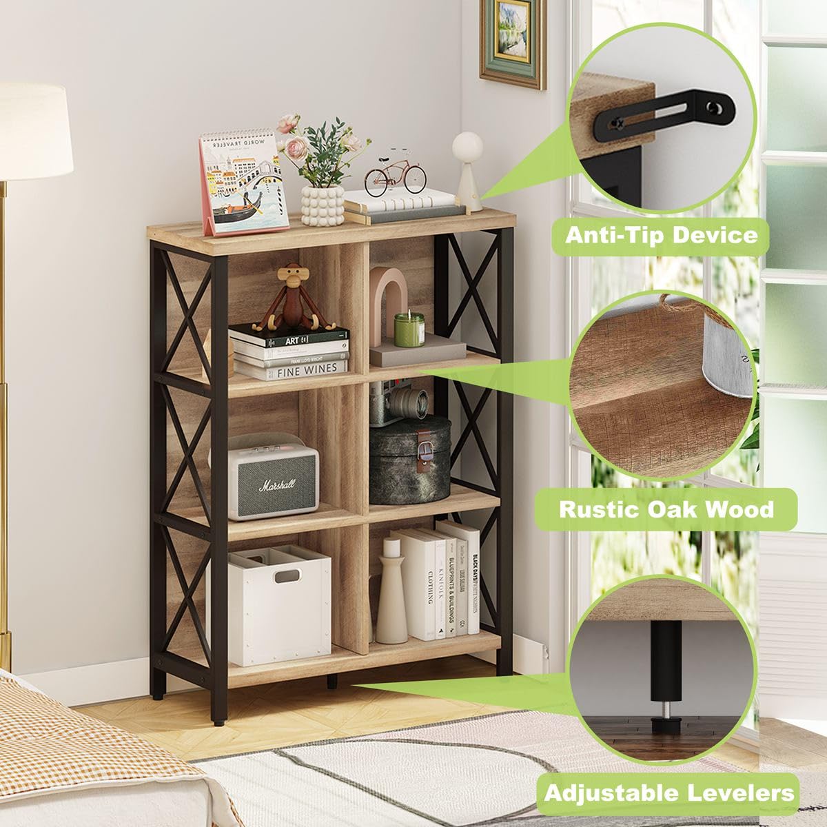 FATORRI Rustic 6 Cube Storage Organizer Shelf, Wood and Metal Cubby Bookcase, Industrial 4 Tier Cube Bookshelf (Rustic Oak) FATORRI