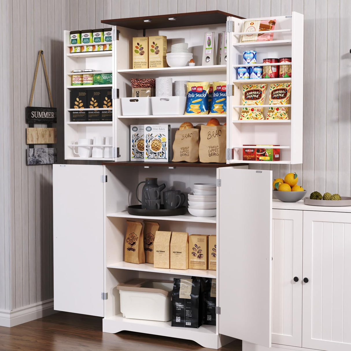 Furnify 72" Tall Kitchen Pantry, Farmhouse Pantry Storage Cabinet with Doors Organizer, Freestanding Cupboard with Adjustable Shelves, Rustic Buffet Cabinet for Kitchen, Dining Room, Bathroom, White Furnify