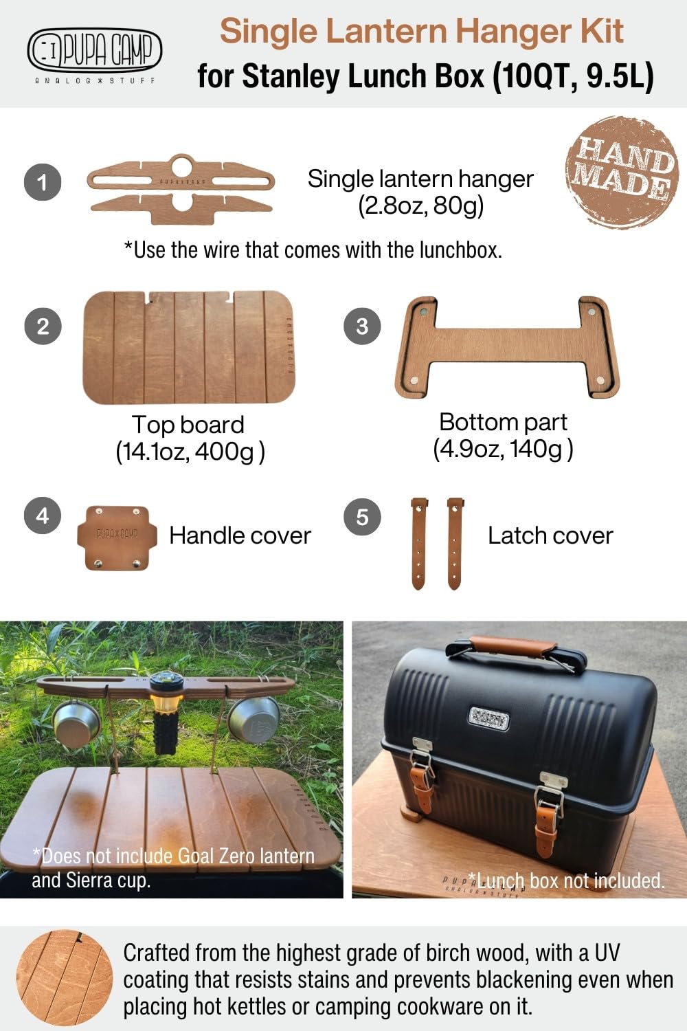 Generic Stanley Lunch Box Accessories for 10qt, 9.5L PUPACAMP Handmade Wood Table (Single Lantern Hanger Kit), Natural, st-pupa-01 Generic