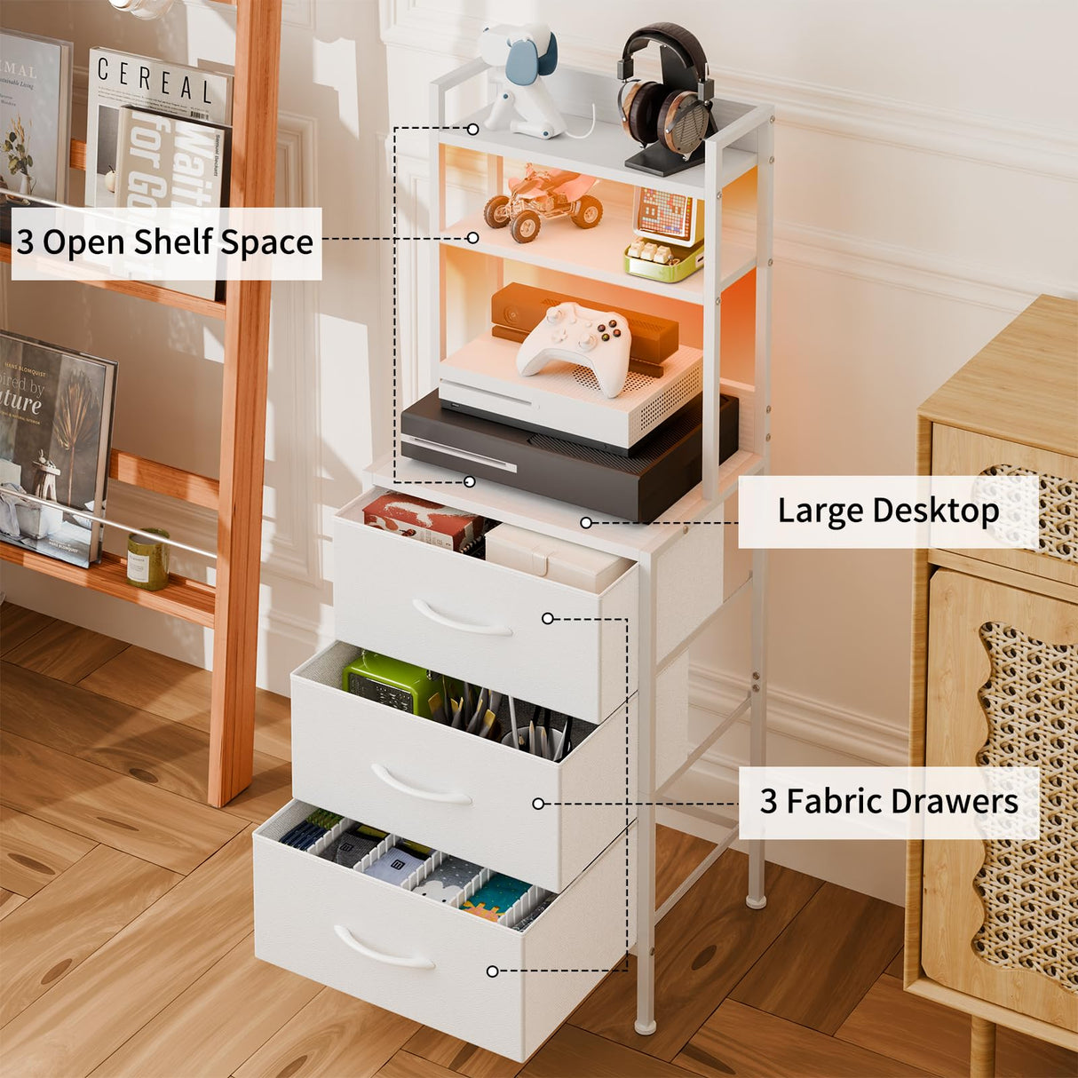 Fixwal Tall Nightstand with Charging Station, 41 Inch Led Night Stand with U-S-B Port & Socket, 3 PU Finished Fabric Storage Drawers, Office, Bed Side Table & Bookshelf in One, White Fixwal