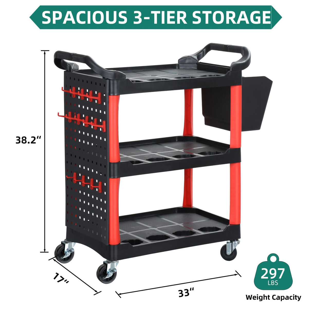 YITAHOME Auto Detailing Cart with Wheels, 3 Tier Rolling Detail Cart with Long Hanging Plate & Hooks & Hanging Bucket, Car Wash Organizer Cart for Detailers Garage, Workshop, Repair Shop, Storage Tool YITAHOME