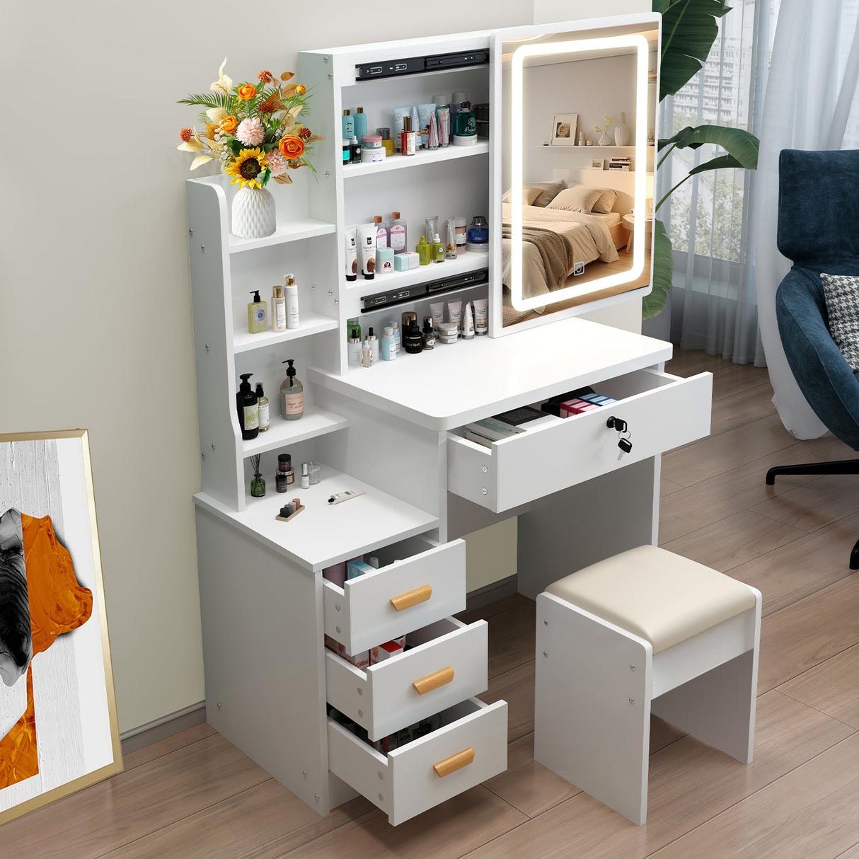 MONGMON Vanity Desk with Mirror and Lights, 3 Lighting Modes, European Style Dressing Table with Drawers, with Open Storage Shelves,Makeup Vanity Table for Bedroom,Gifts for Girls and Women, White MONGMON