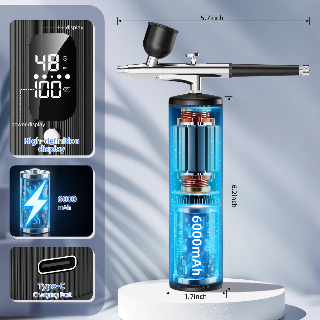 Airbrush Kit with Compressor - 48PSI High Pressure, Non-Clogging Air Brush Set, 6000 mAh Extra Long Standby, Ideal for Painting, Modeling, Cake Decorating, Pastry, Makeup and Nail Art INVIMENT