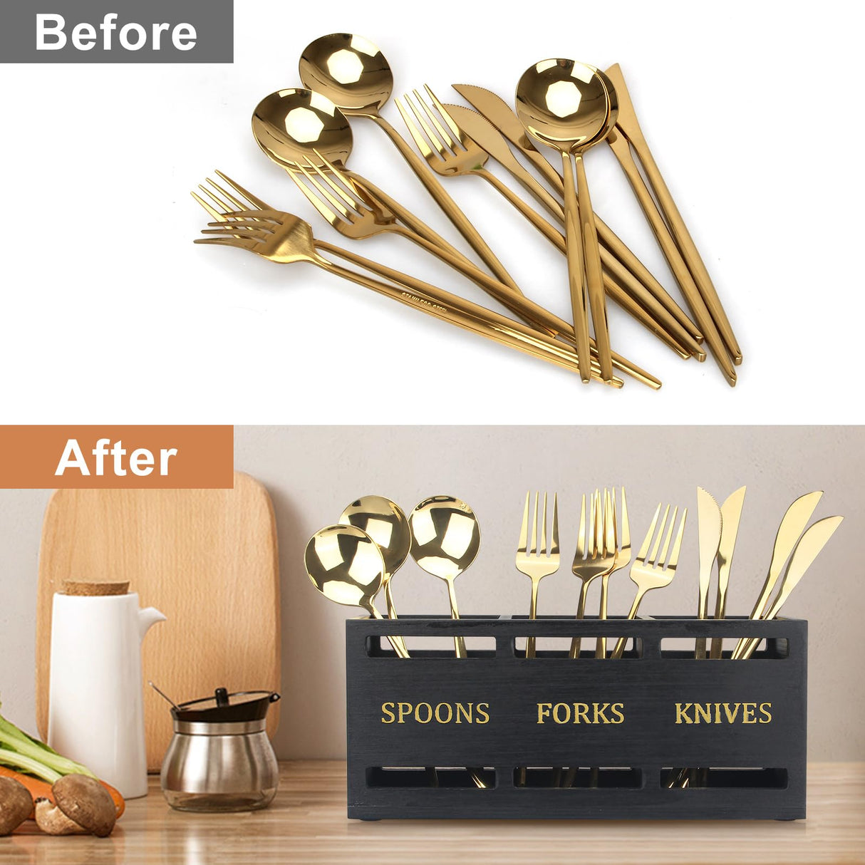 Ayiaren Wooden Cutlery Silverware Holder Flatware Utensil Caddy Black Utensil Holder for Kitchen Counter Wood Silverware Caddy Organizer for Table Countertop Spoon Knife and Fork Holder for Parties Ayiaren