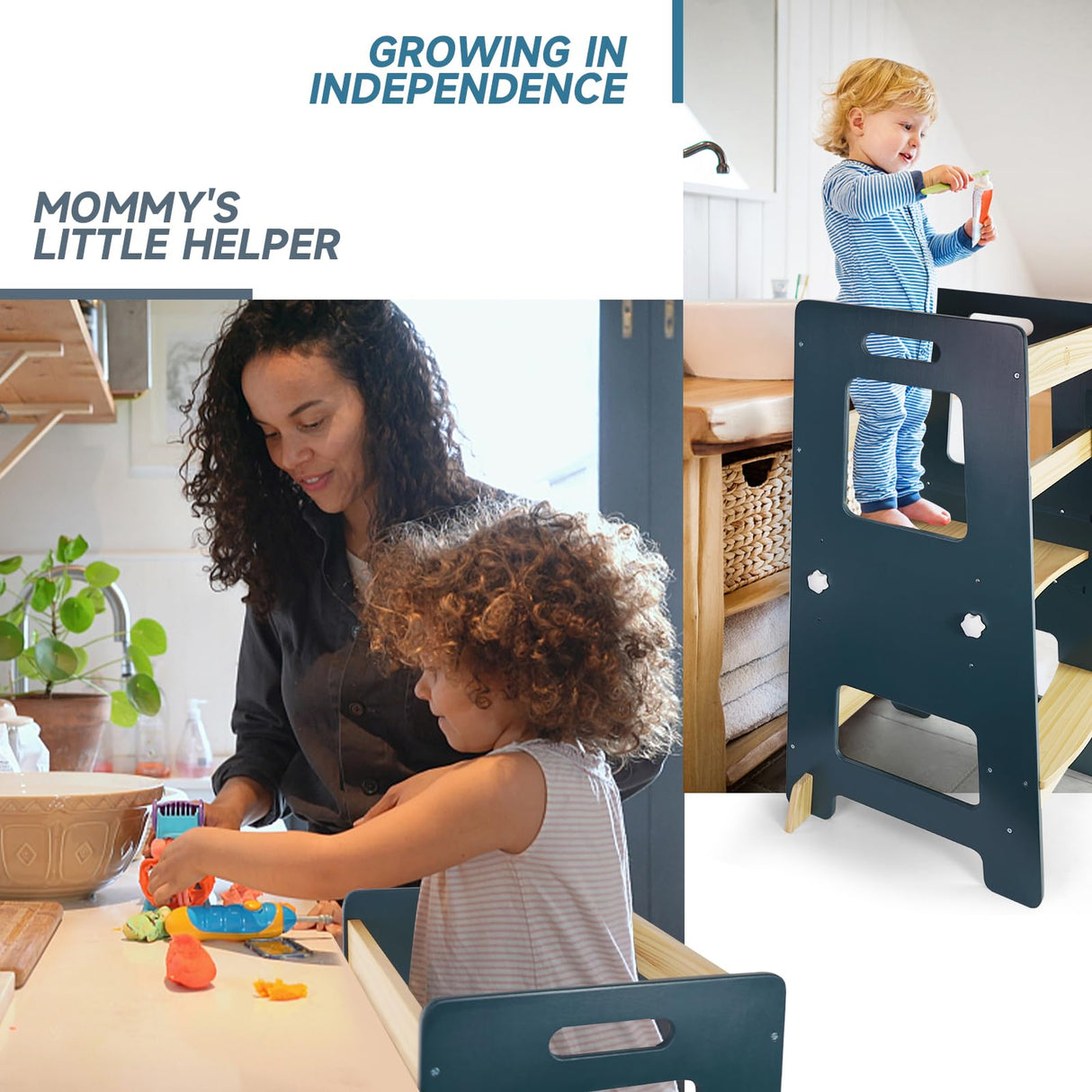 WOOD CITY Kitchen Step Stool - Safe Montessori Standing Tower for Kids with Safety Rail, Height Adjustable Toddler Ideal Helper for Learning New Skills, Anti-Slip Protection for Bathroom - Deep Blue WOOD CITY
