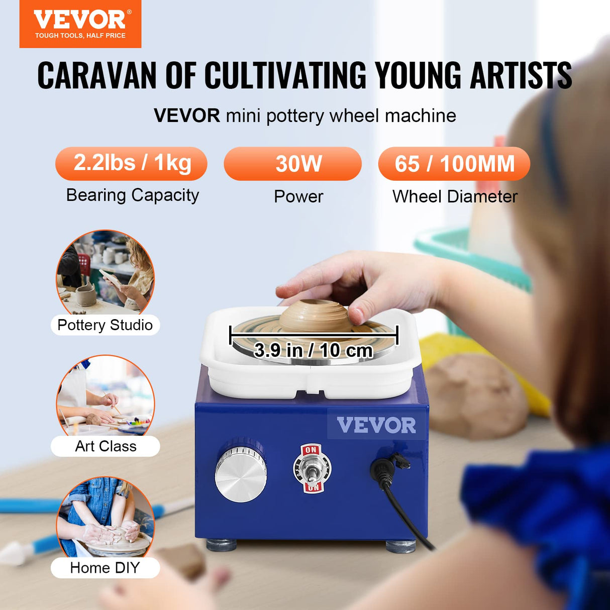 VEVOR 30W Mini Pottery Wheel for Kids 8-12, Art&Crafts Kits with 2 Turntables 2.6in/3.9in and 17 Accessories Tools, 0-300RPM Speed Adjustable DIY Kits Clay Maker for Adults, Kids Toys Birthday Gifts VEVOR