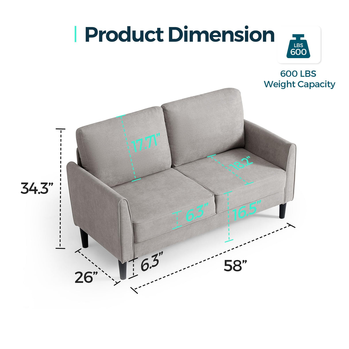 LINSY Loveseat Sofa Small Couch - Comfy 58" Small Loveseat for Small Spaces Modern Couches with Thick Cushion, Ergonomic Design Soft Sofa for Living Room Bedroom Apartment (Grey) LINSY