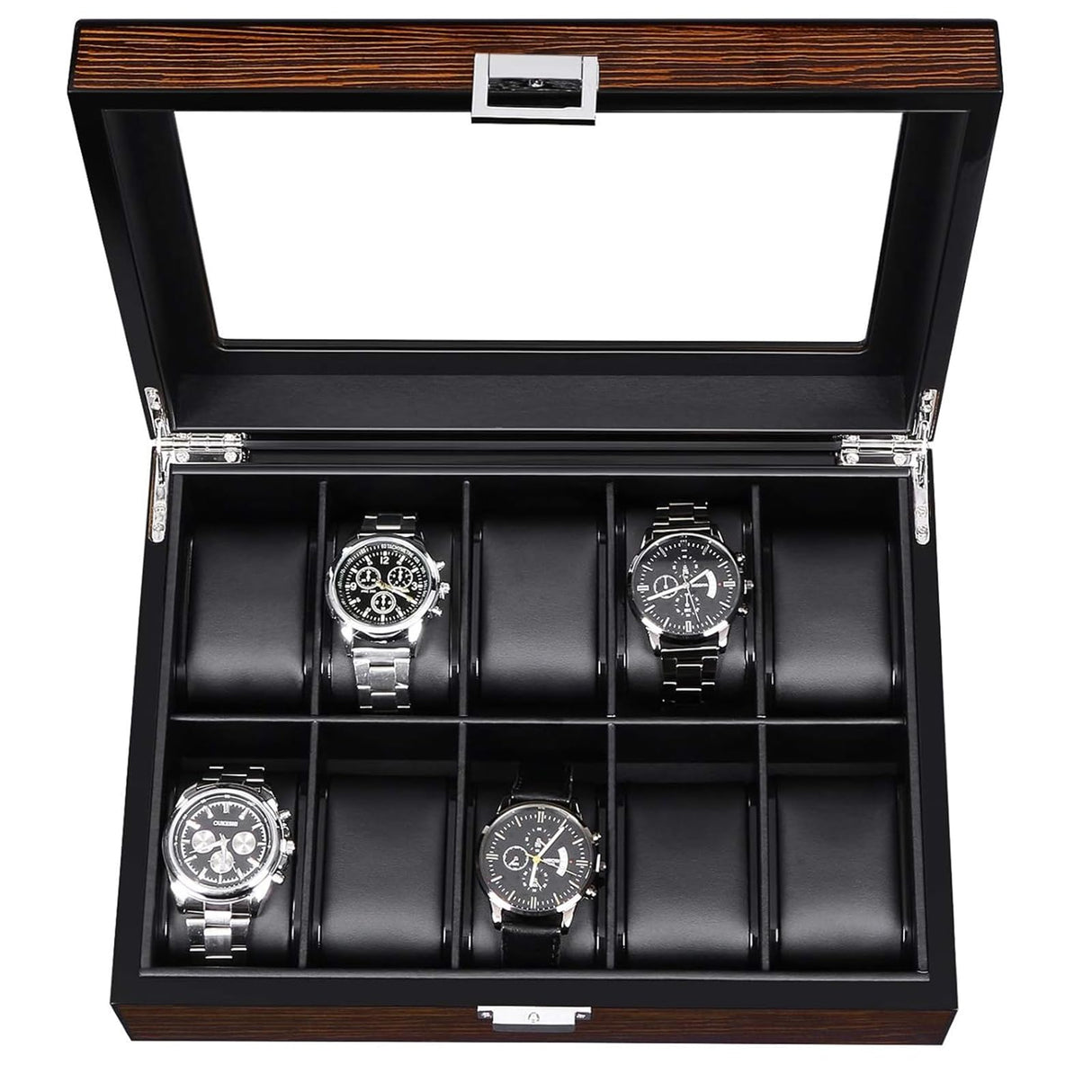 BEWISHOME Watch Box -10 Slot Luxury Wooden Watch Cases for Men Watch Storage with Real Glass Top, Mens Watch Organizer Holder with Removable Pillows, Smooth Faux Leather Interior, Brown SSH10Y BEWISHOME