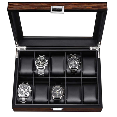 BEWISHOME Watch Box -10 Slot Luxury Wooden Watch Cases for Men Watch Storage with Real Glass Top, Mens Watch Organizer Holder with Removable Pillows, Smooth Faux Leather Interior, Brown SSH10Y