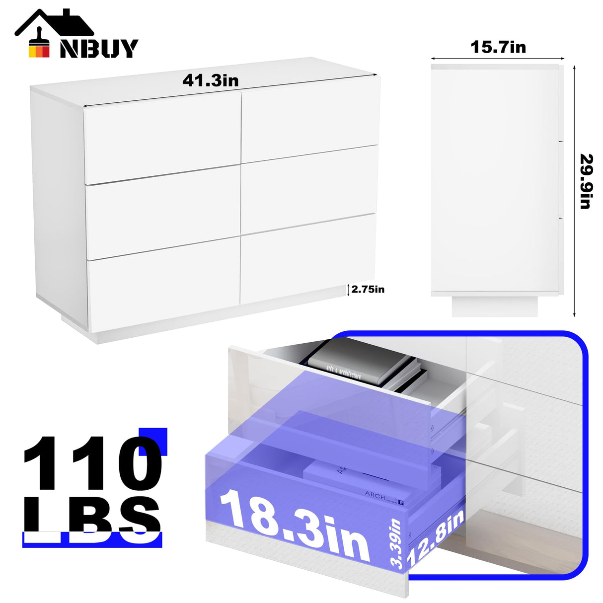 Anbuy White 6 Drawer Double Dresser with LED Light, Modern Dresser with High Gloss Drawers Dual Chest of Drawers Black Dresser for Bedroom with Lights (White) Anbuy