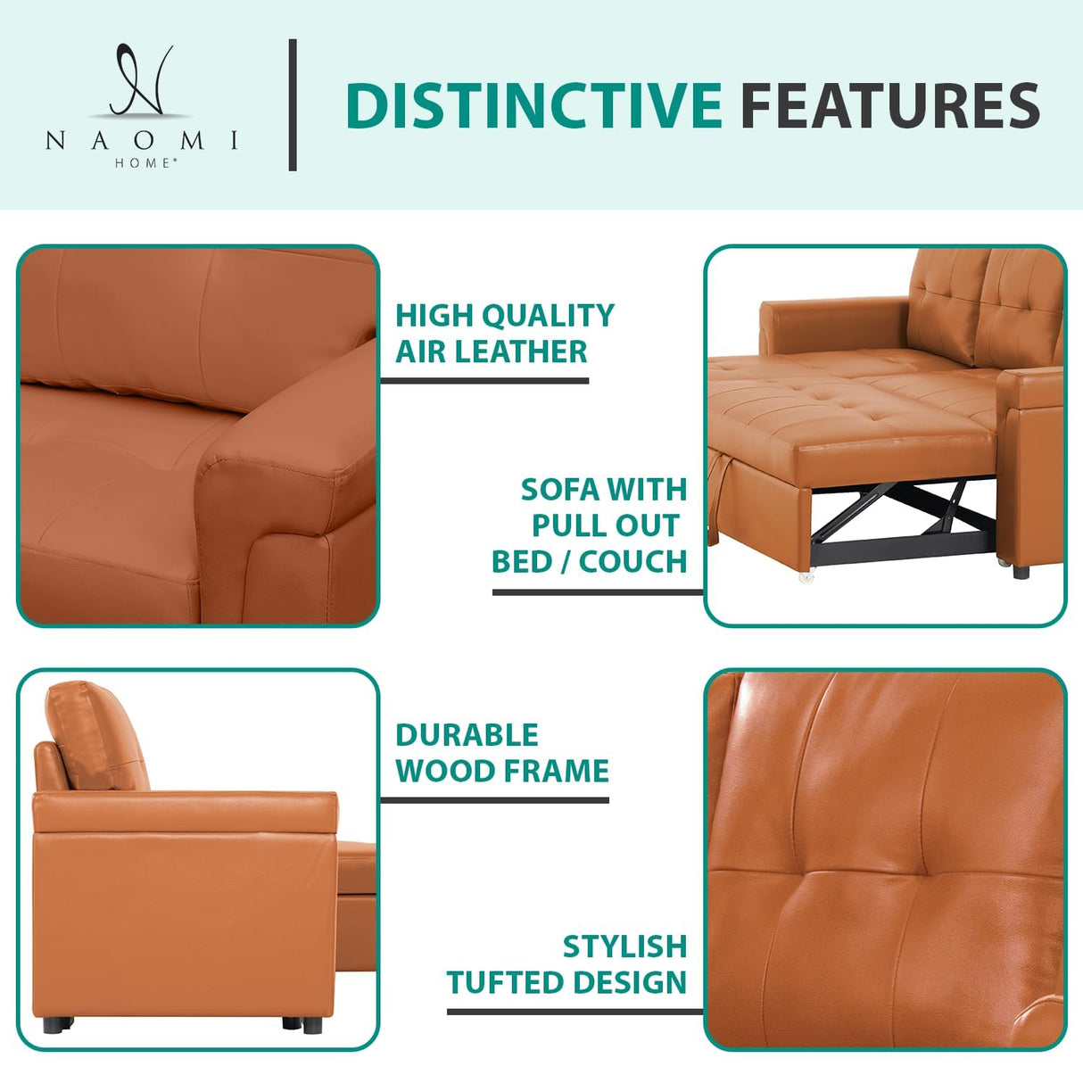 Naomi Home Jenny Sectional Sofa Sleeper with Storage Chaise, Tufted Pull Out Couch with Storage, Sectional Bed, L-Shaped Reversible Sleeper Sofa, Caramel,Air Leather Naomi Home
