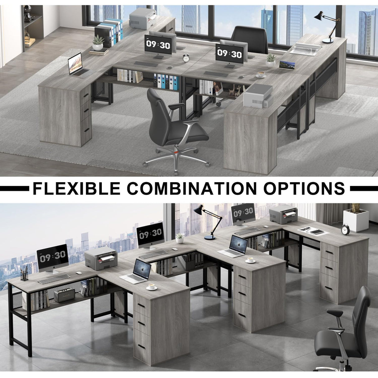 LVB Reversible Gray L Shaped Corner Desk, Farmhouse Wood Computer Desk with File Drawers Cabinets, Large Work Study Executive Home Office Desk with Storage Shelves for Bedroom, Light Grey Oak, 59 Inch LVB