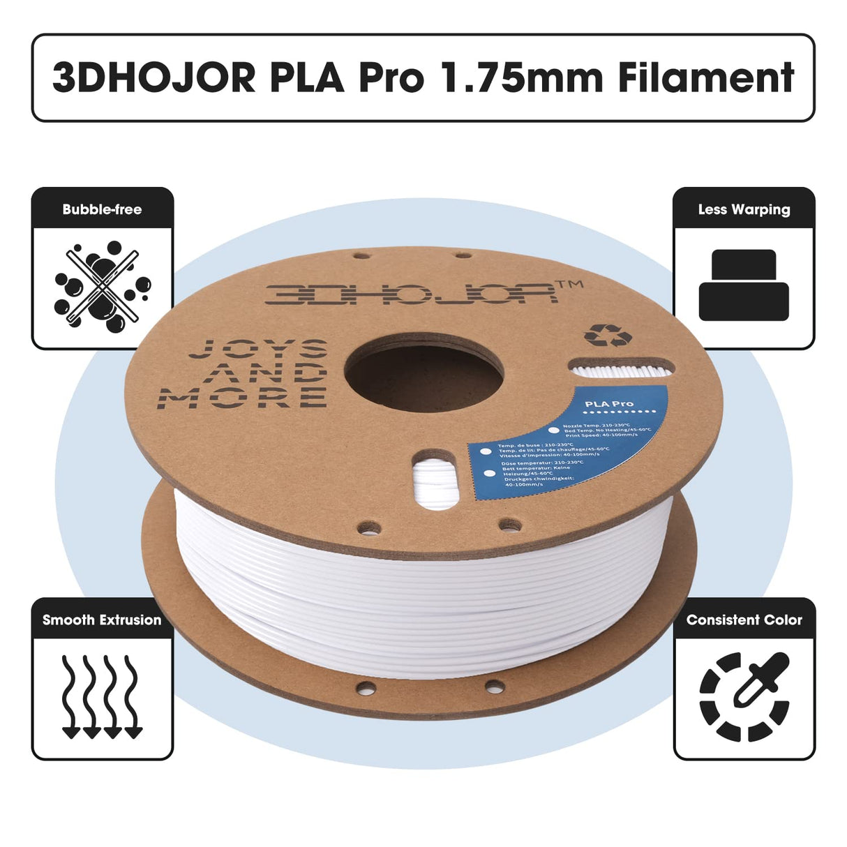 3DHoJor PLA Pro Filament 1.75mm White,PLA Plus Filament, Odor Free, Clog Free 3D Printer Filament,1kg Cardboard Spool (2.2lbs), Dimensional Accuracy +/- 0.03 mm, Fit Most FDM 3D Printer 3DHoJor