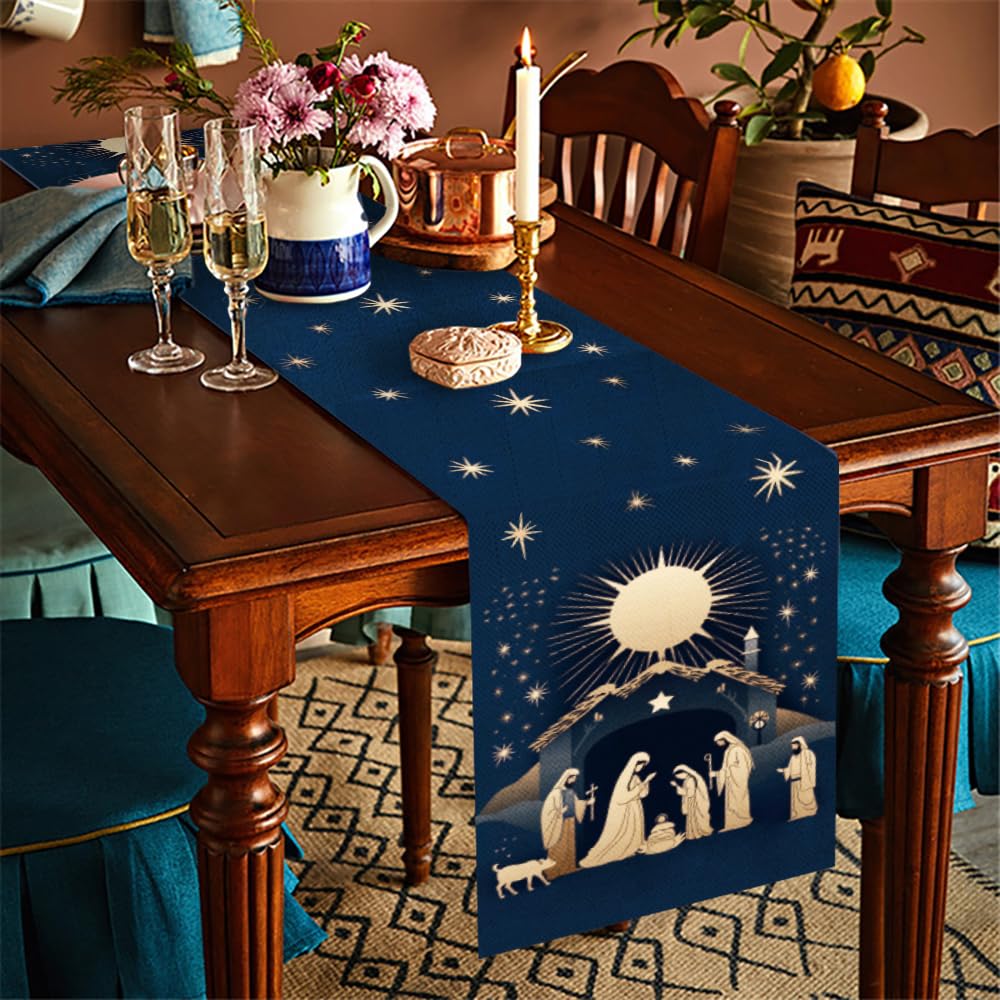 WRAPAHOLIC Christmas Table Runner - 13 x 72 Inch - Seasonal Winter Xmas Holiday Farmhouse Style Kitchen Dining Table Decoration for Indoor Outdoor Home Party - Nativity WRAPAHOLIC