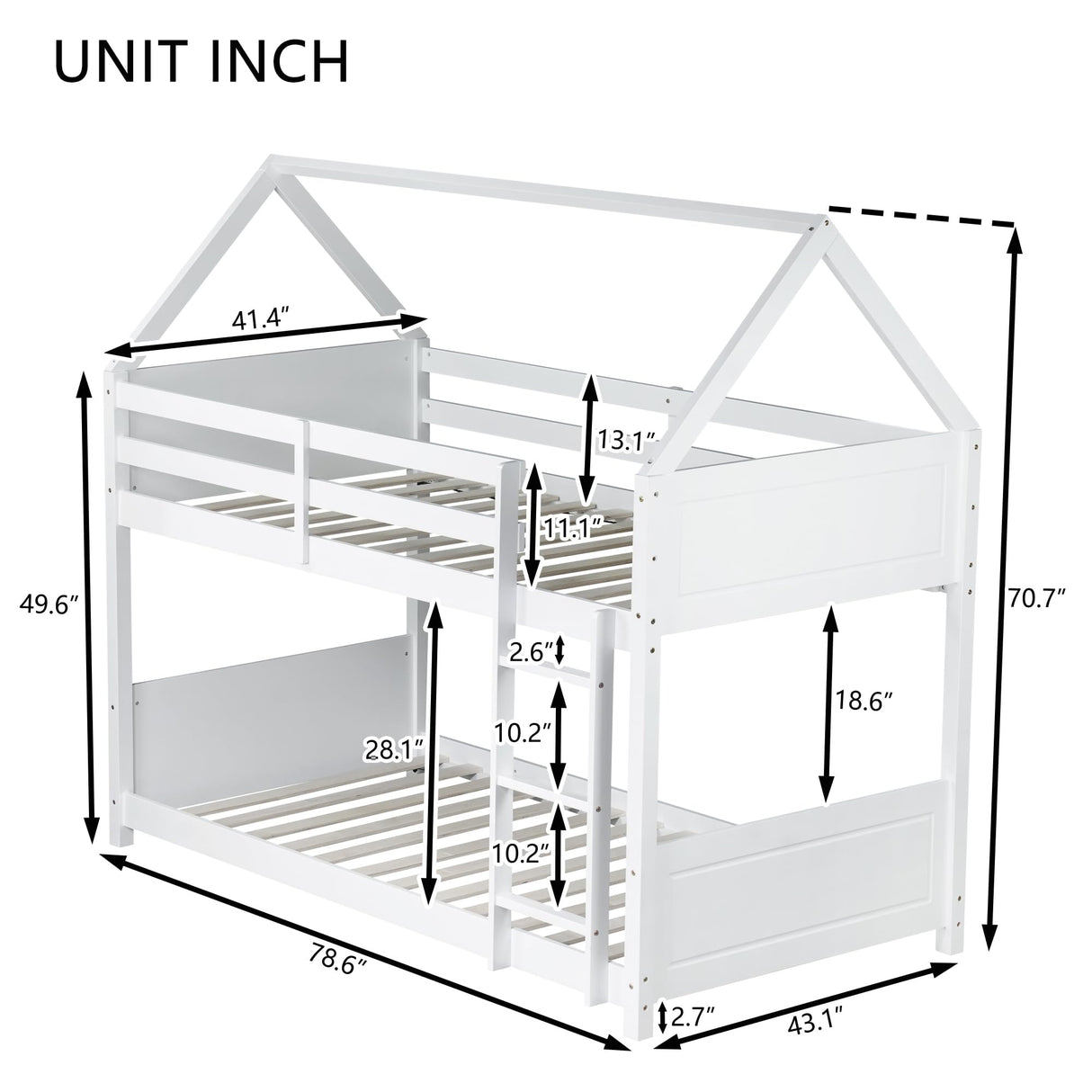 DaiNNCN House Bunk Bed for Kids,Twin Over Twin Bunker Bed with Guardrails and Ladder,Headboard,Footboards,Rubber Wood Bed Frame for Kids,Girls-White DaiNNCN
