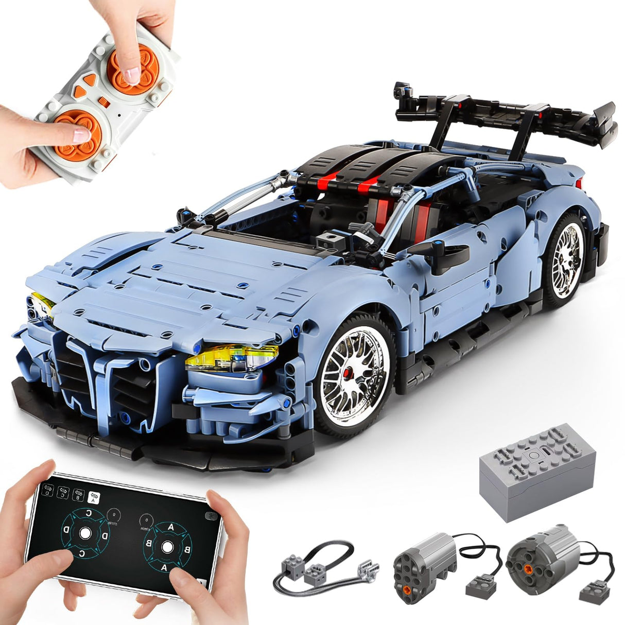 MOCBURIKU Remote Control Car Building Kit, 1/10 Scale M4 Supercar with Lights Motors Rechargeable Battery, Compatible with Technic Cars for Adults, STEM Gift for Boys Age 6 8 10 12 14+(2280 Pcs) MOCBURIKU