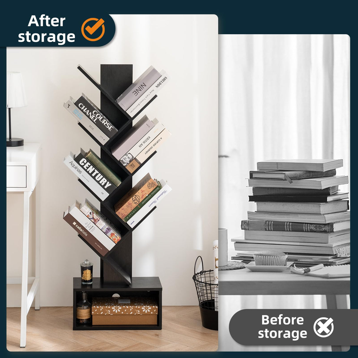 Yoobure Tree Bookshelf with LED Light, 6 Tier Book Shelf, Small Bookcase Narrow Bookshelves with Storage, Wood Book Case Organizer for CDs/Books, Floor-Standing Rack for Bedroom, Office, Black Yoobure