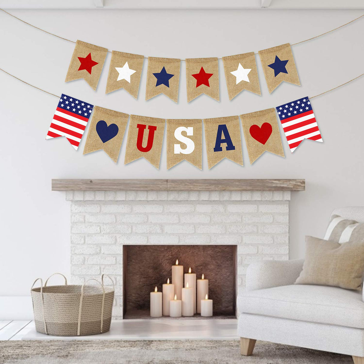 USA Banner Burlap 4th of July Decorations Rustic Patriotic Banner Red White Blue Stars Bunting Garland for President Day 4th of July Party Supplies 4th of July Patriotic Outdoor Indoor hanging Decor Partyprops