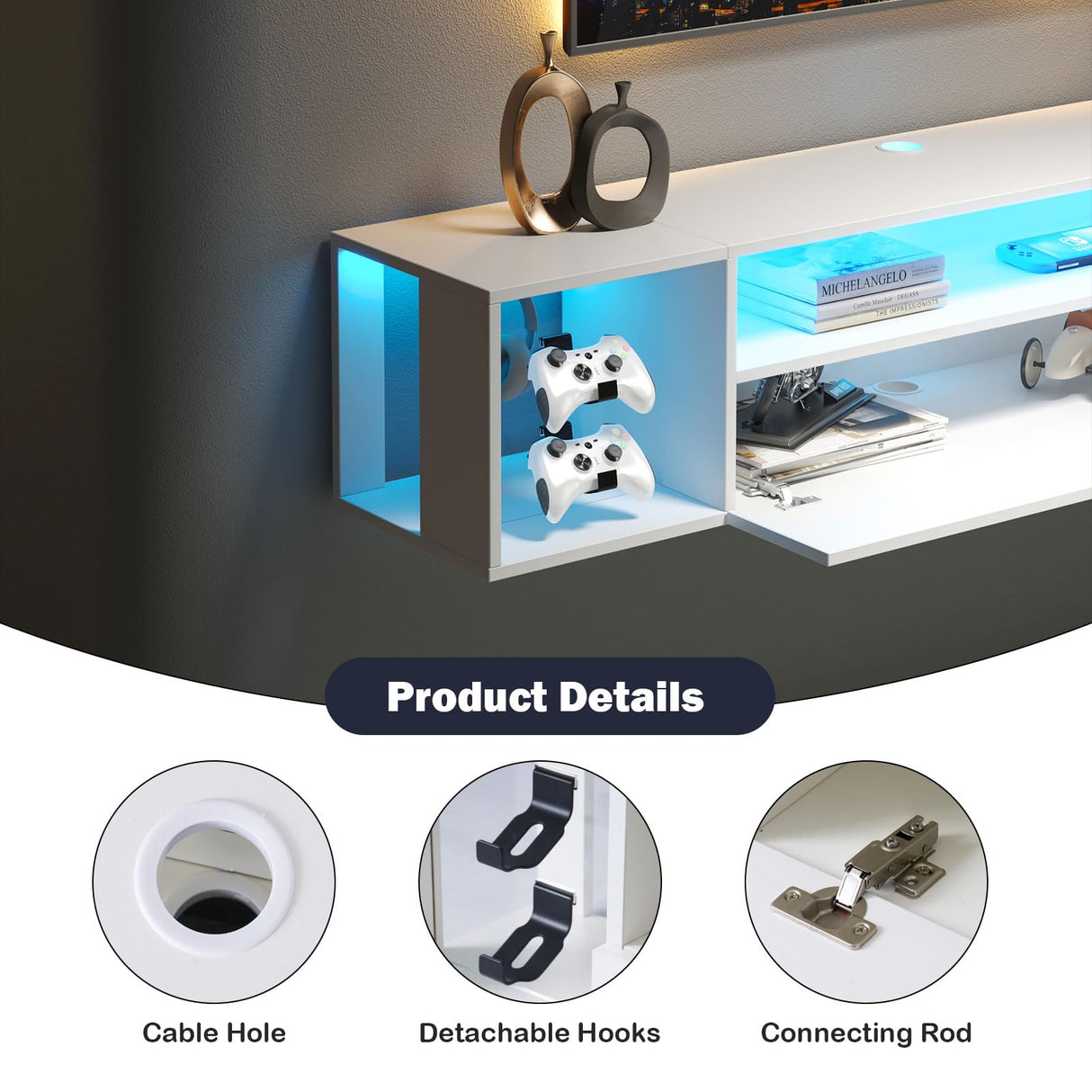 DlandHome Floating TV Stand with LED Lights,Wall Mounted TV Shelf with Led Lights, 55.1" Modern Entertainment Center Media Console with Storage,White DlandHome