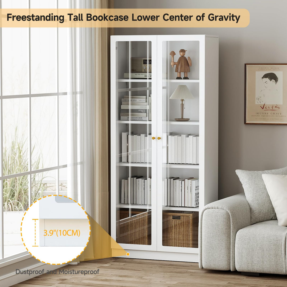 IRONMIX Modern Bookshelf with Doors and Shelves, 70.87" H Metal Bookshelf, Tall Bookcase, 5-Tier Curio Cabinet for Collectibles, White Storage Cabinet Display Case for Home Office, Living Room, School IRONMIX