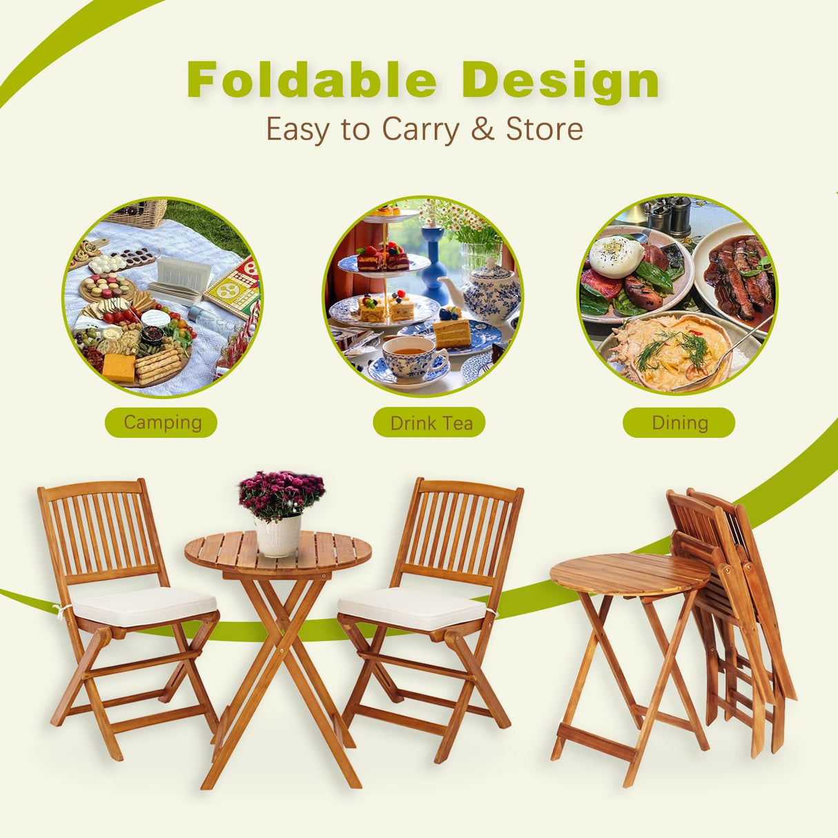 S AFSTAR 3 Pieces Patio Bistro Set, Acacia Wood Folding Bistro Set with Round Coffee Table & Padded Cushion, Outdoor Bistro Table and Chair Set of 2 for Patio, Balcony, Poolside & Porch (Beige) S AFSTAR