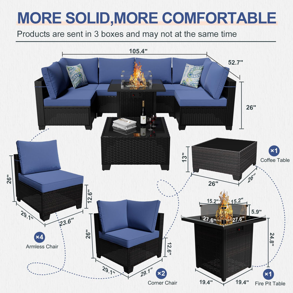 Ophelian 8 Piece Patio Furniture Set with Fire Pit Table, Wicker Outdoor Sectional Furniture, Outside Rattan Patio Couch Sets for Backyard, Garden, Deck (Brown/Blue) Ophelian